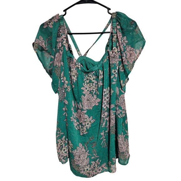 Torrid Green Floral Blouse Womens Size 2x Cold Shoulder Top Cross Strap Back - Picture 2 of 7